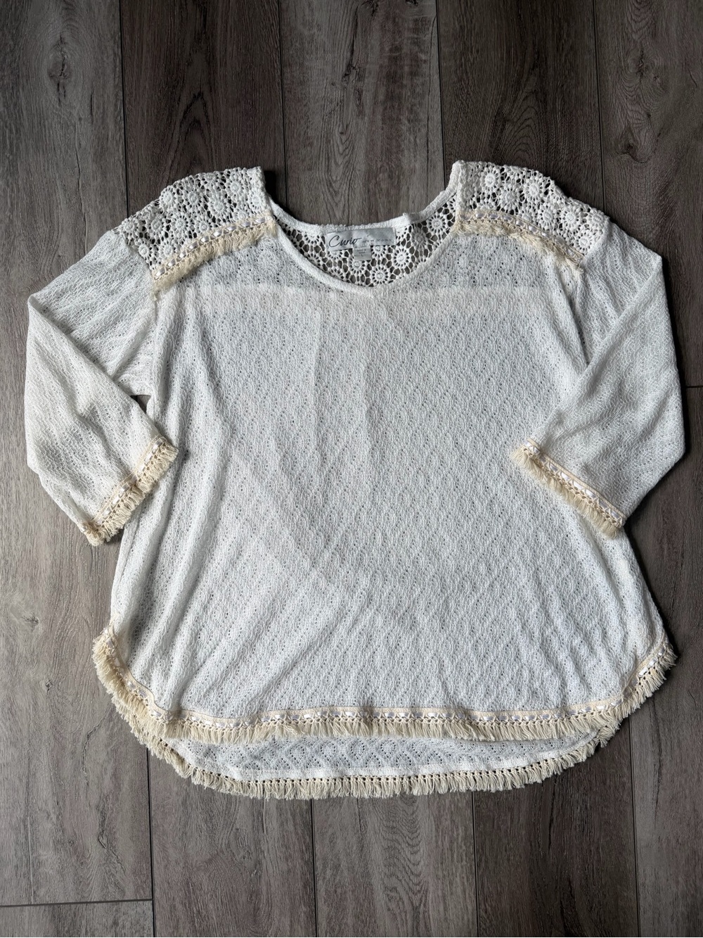 Curio- Anthro style Crochet Lace Trim White Scoop Neck Top- Beach Festival Ready